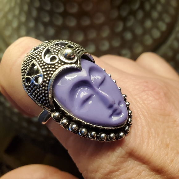 New Purple Carved Goddess Face 925 Silver Ring. - Picture 3 of 7